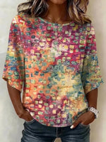 Colorful Abstract Patchwork Round Neck Flare 3/4 Sleeve Pocket Blouse