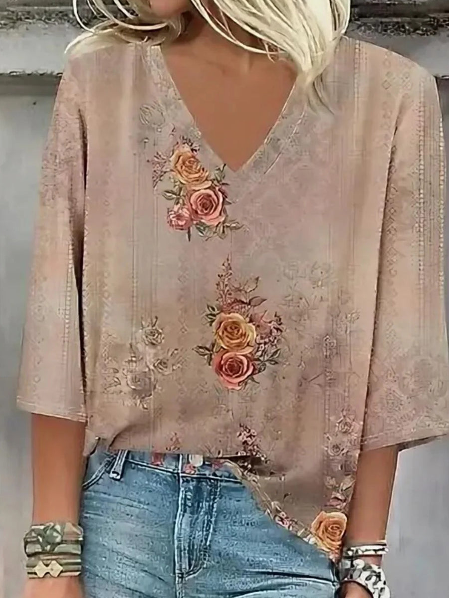 Retro Khaki V-neck 3/4 Sleeve Top