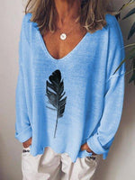 V-neck Feather Print Casual Long Sleeve Blouse
