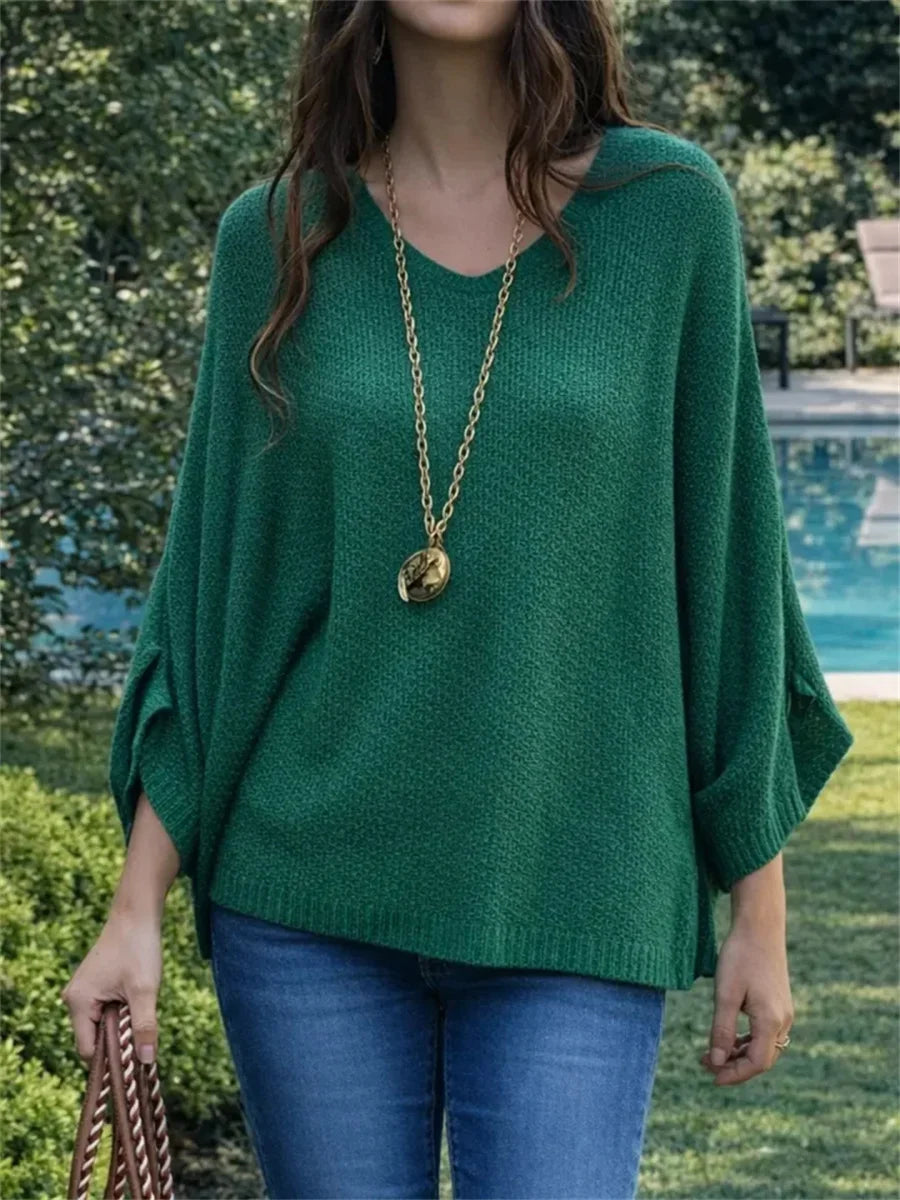 Women's V-neck Long Sleeve Casual Loose-fitting Knitted Pullover Sweater