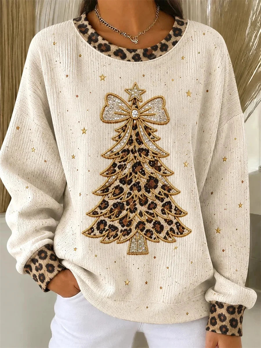 Women Casual Leopard Christmas Trees Round Neck Long Sleeve Sweatshirt