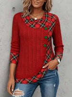Red Plaid-Trimmed Long Sleeve Top