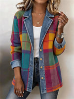 Vintage Printing Plaid Long Sleeve Shawl Collar Jacket