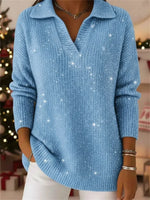 Christmas Party Polo Collar Long Sleeve Shiny Loose Sweater