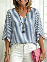 Blue Stripe 3/4 Split-Sleeve V-Neck Blouse