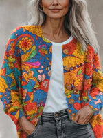 Floral Multicolor Geometric Patchwork Abstract Print Long Sleeve Buttoned Cardigan Sweater