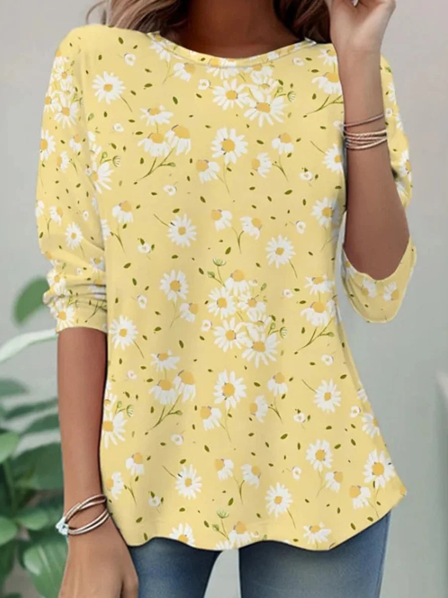 Vintage Floral Print Round Neck Long Sleeve T-Shirt