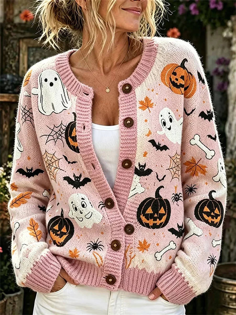 Women's Pink Halloween Pumpkin Ghost Spider Web Bat Maple Leaf Print Long Sleeve Cardigan