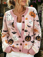 Women's Pink Halloween Pumpkin Ghost Spider Web Bat Maple Leaf Print Long Sleeve Cardigan