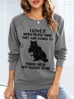 Gray Casual Graphic Tops Round Neck Long Sleeve Cat Character Printed Sweatshirts