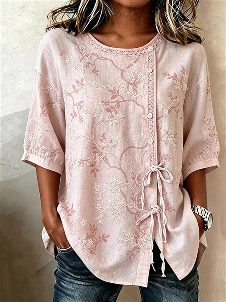 Vintage Leaf Print Round Neck 3/4 Sleeve Blouse