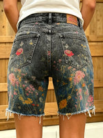 Women's Vintage Wildflower Print Washed Denim Bermuda Shorts