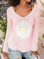 Pink Conch Casual Graphic Tops V Neck Long Sleeve Daisy Printed Sweater
