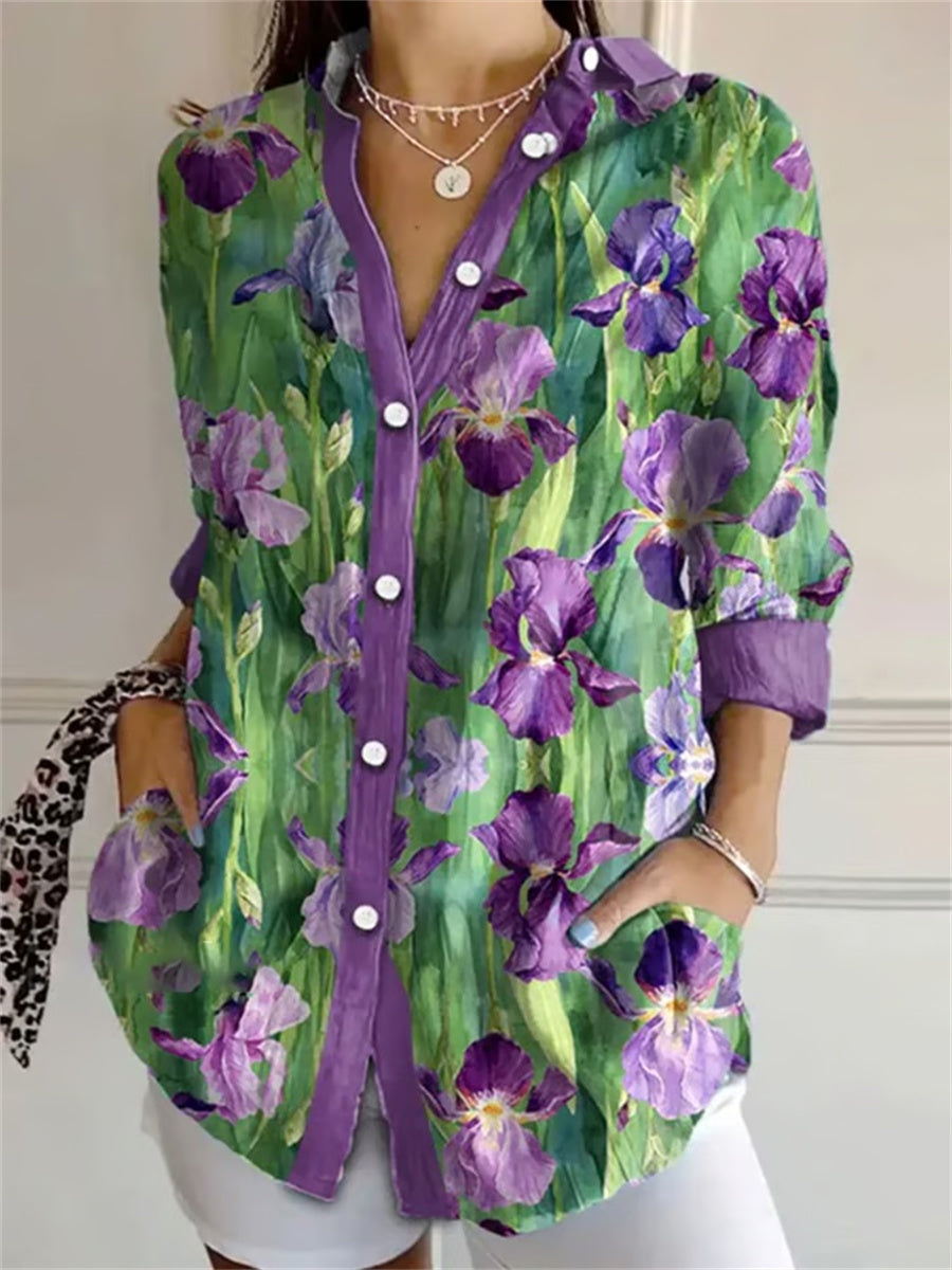 Women's Purple Floral Art Print Lapel Long Sleeve Shirt
