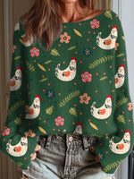Women's Funny Chicken Art Print Casual Round Neck Long Sleeve Pullover Sweater