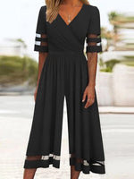 Plain Black V-neck Half Sleeve Jumpsuit