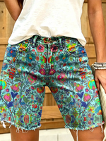 Women Ethnic Floral Art Print Casual Denim Shorts