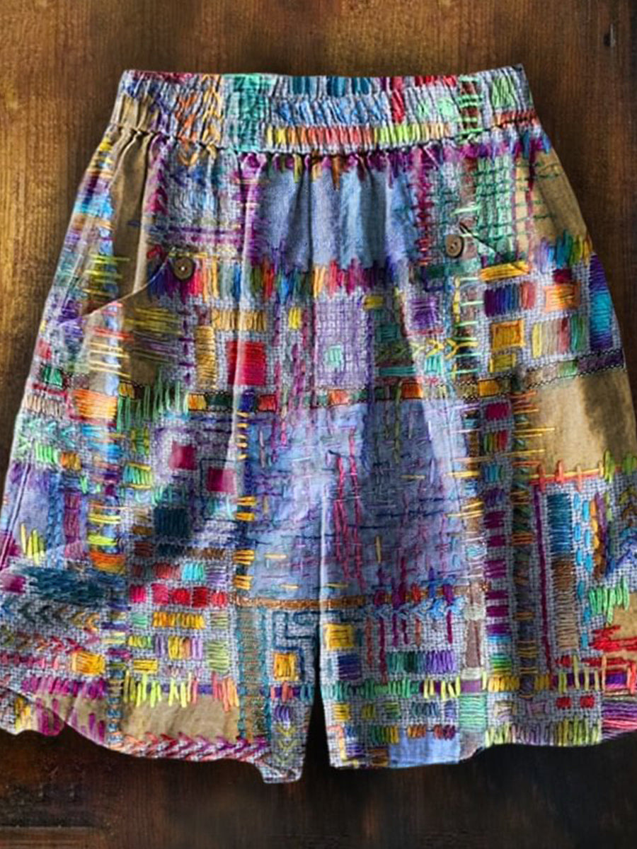 Women's Vintage Bohemian Patchwork Art Printed Casual Pocket Shorts