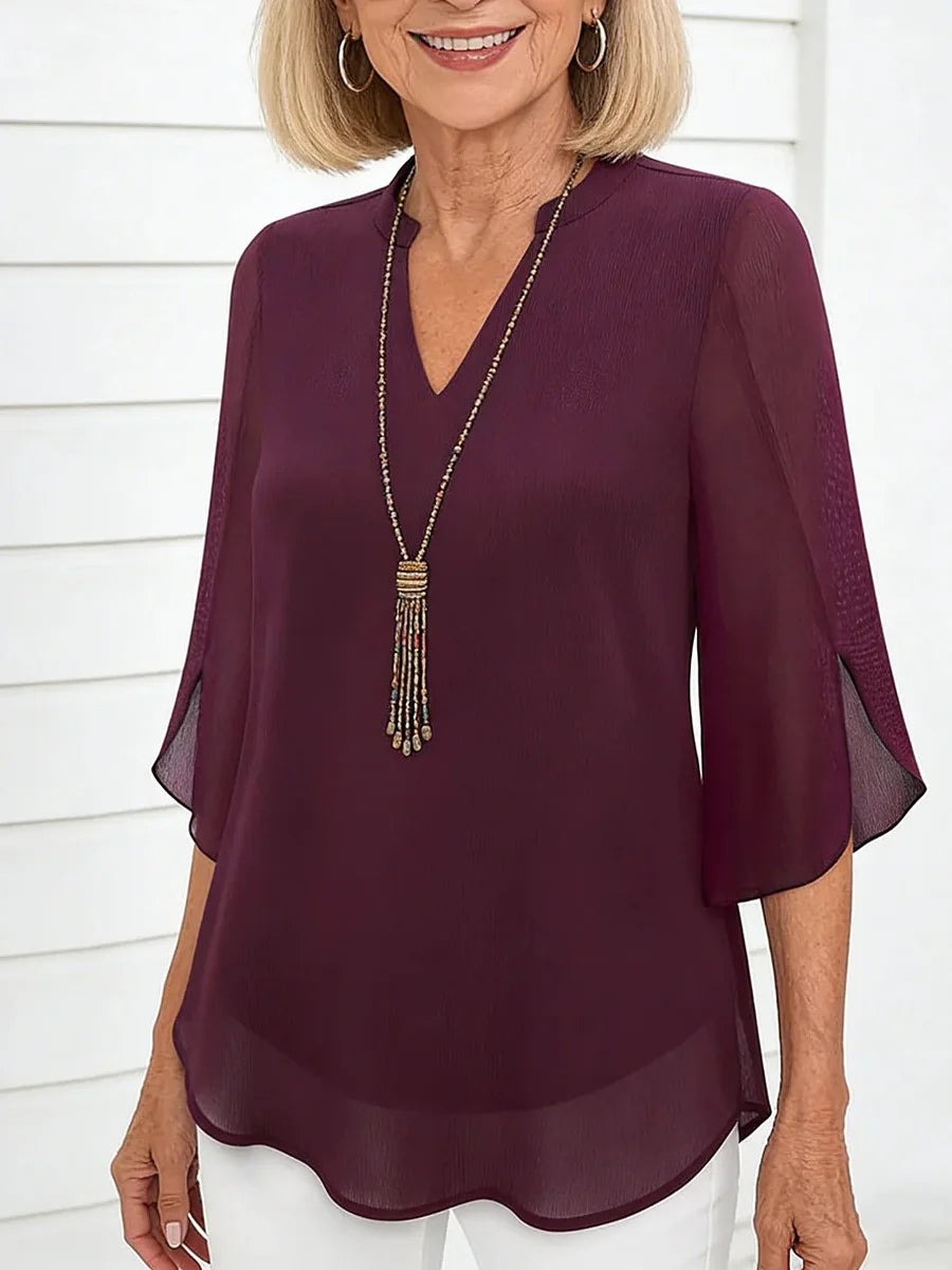 Burgundy V-neck 3/4 Sleeve Plain Chiffon Top