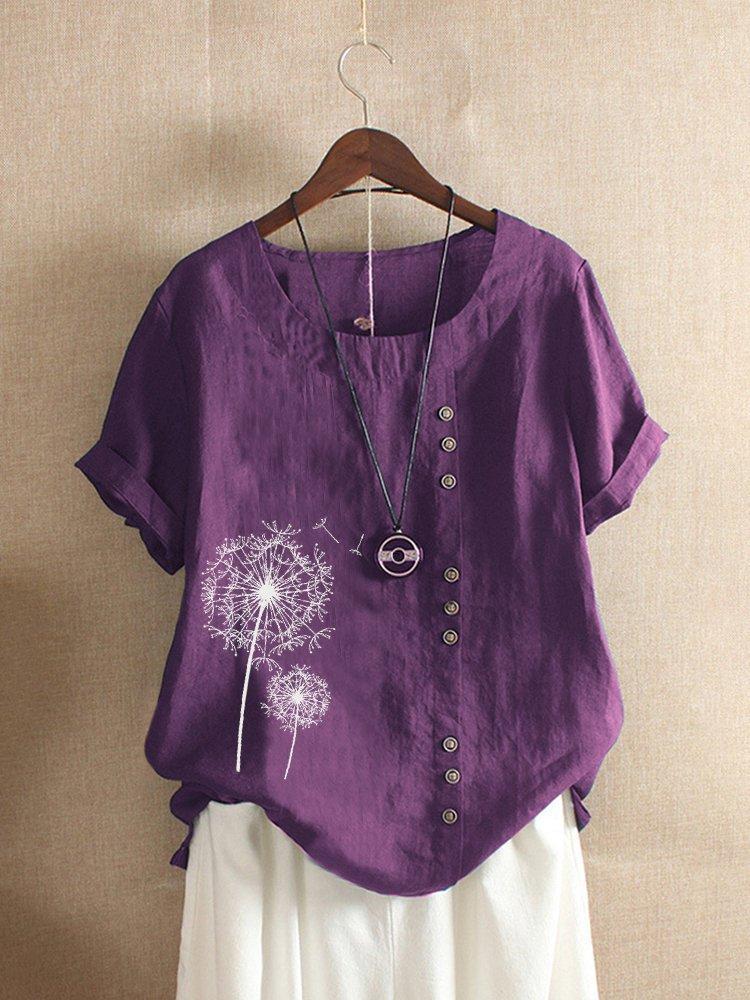 Women's Cotton Short Sleeve Top with Dandelion Print and Button Detail