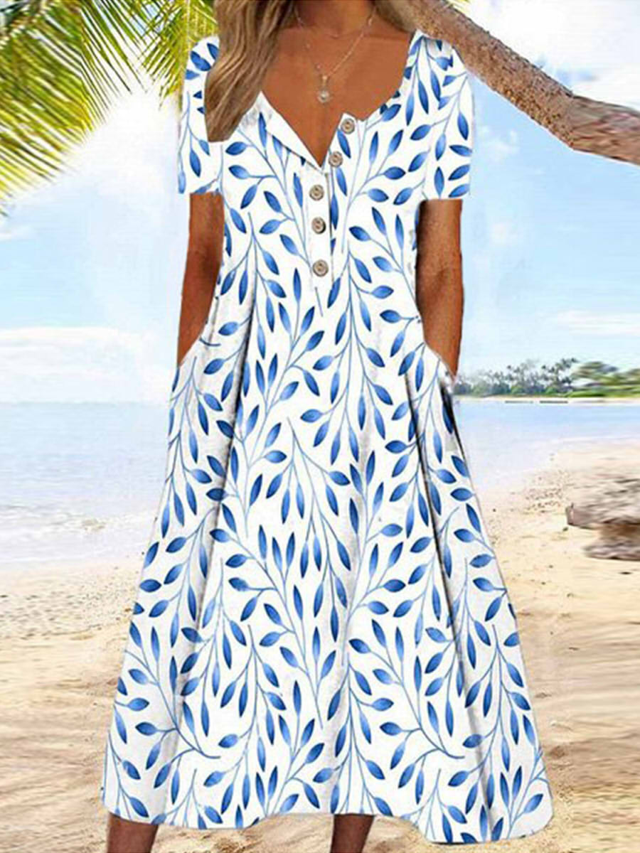 Crew Neck Short Sleeve Vacation Leaf Print Loose Maxi Dress