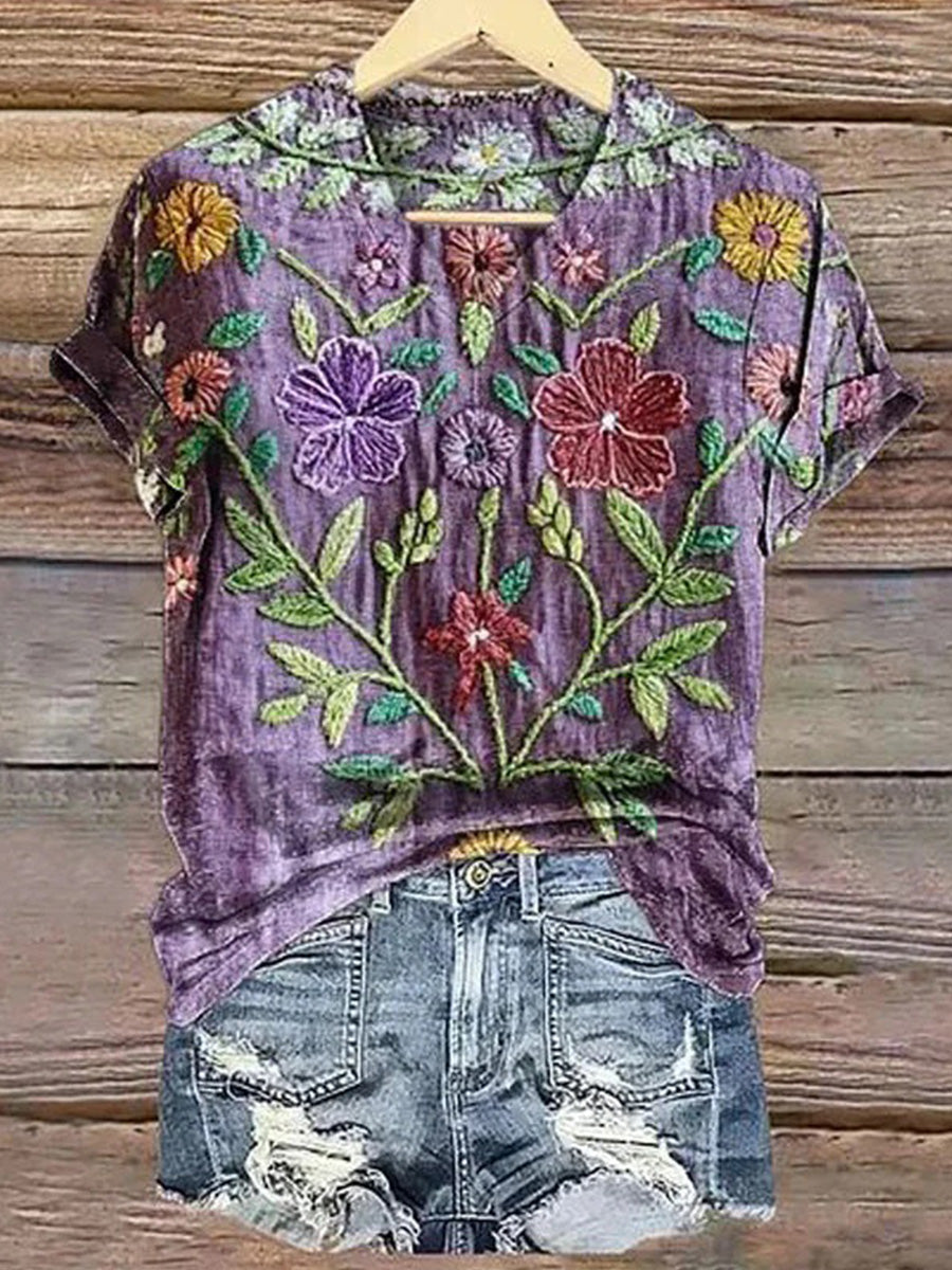 Vintage Floral Print V-neck Short Sleeve T-Shirt