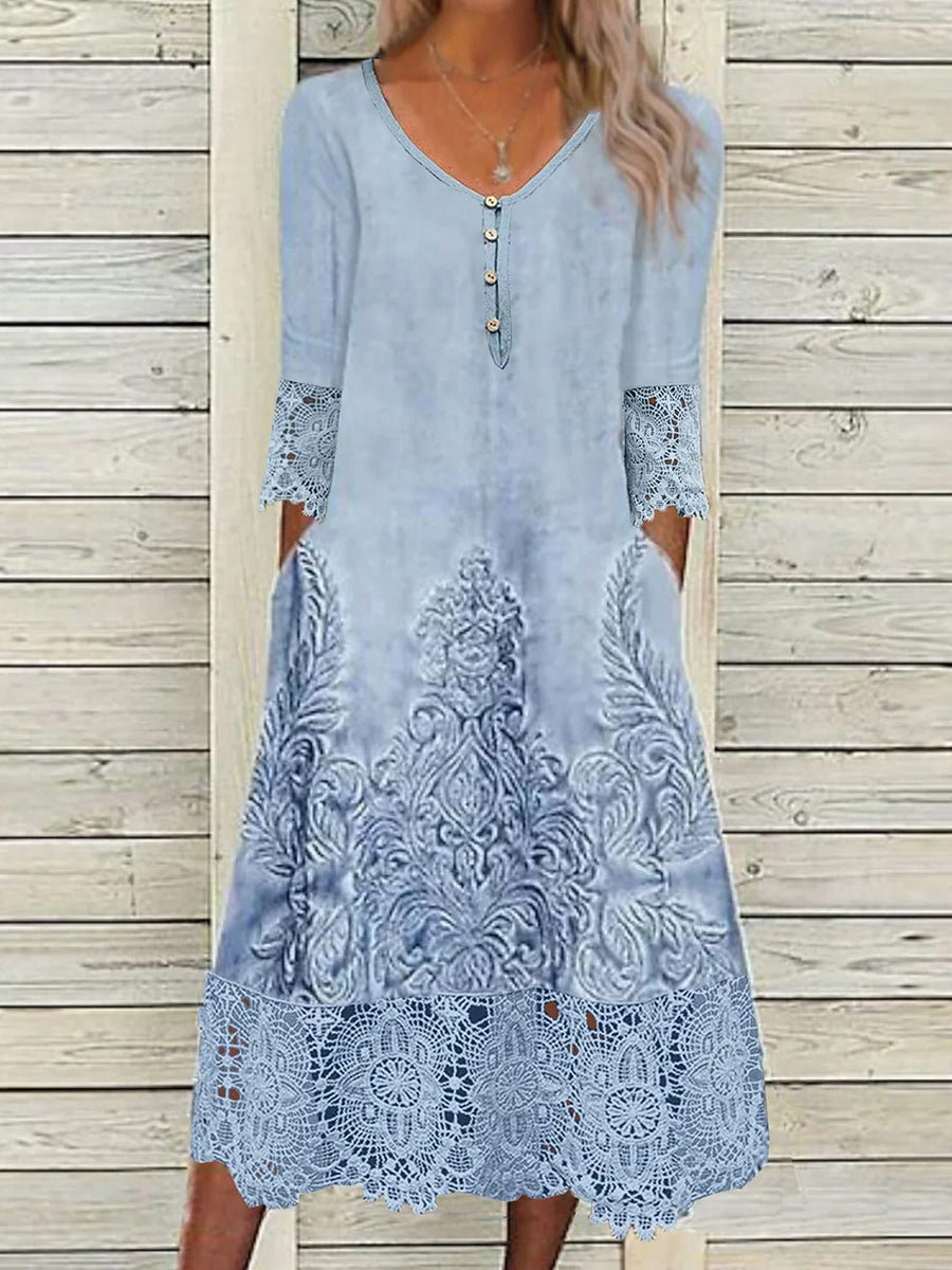 Chic Lace Asymmetrical Printed Midi Dress