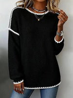 Black Round Neck Long Sleeve Contrast Trim Knit Sweater