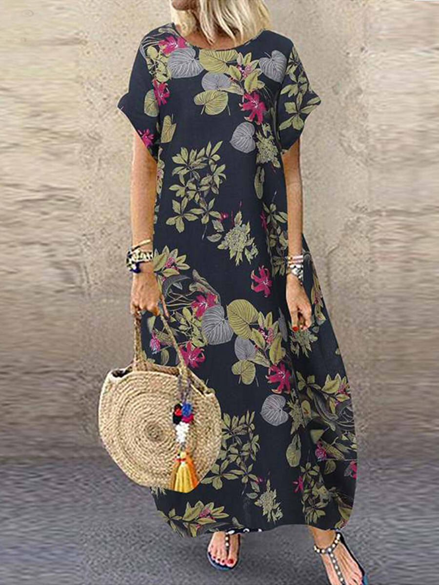 Round Neck Casual Bohemian Floral Print Maxi Dress