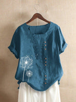 Women's Cotton Short Sleeve Top with Dandelion Print and Button Detail