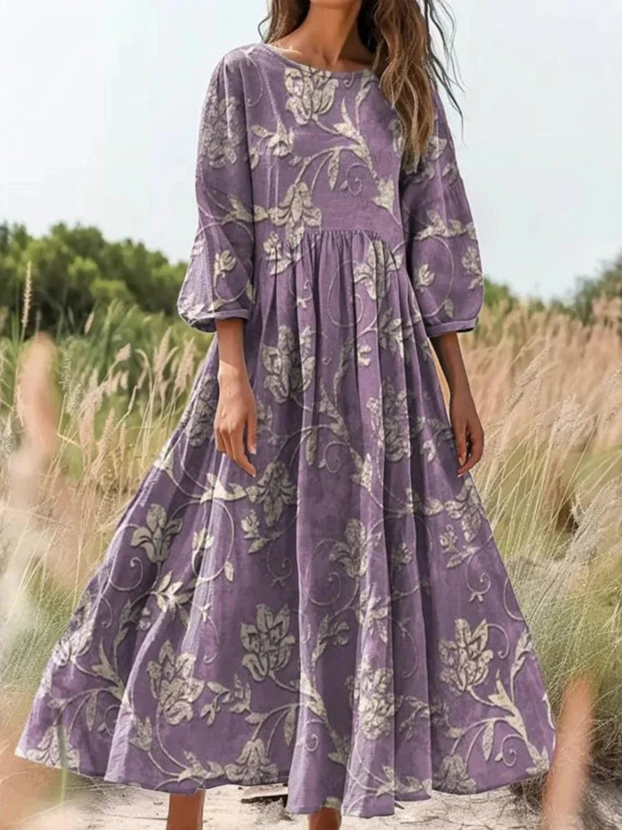 Vintage Floral Print Round Neck Long Sleeve Dress