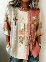 Vintage Floral Print Round Neck Half Sleeve Blouse