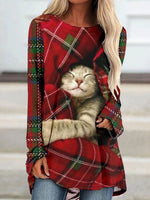 Red Casual Graphic Tops Round Neck Plaid Cat Printed Long Sleeve Sweatshirt