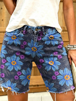 Women Vintage Floral Art Print Casual Cotton Denim Shorts