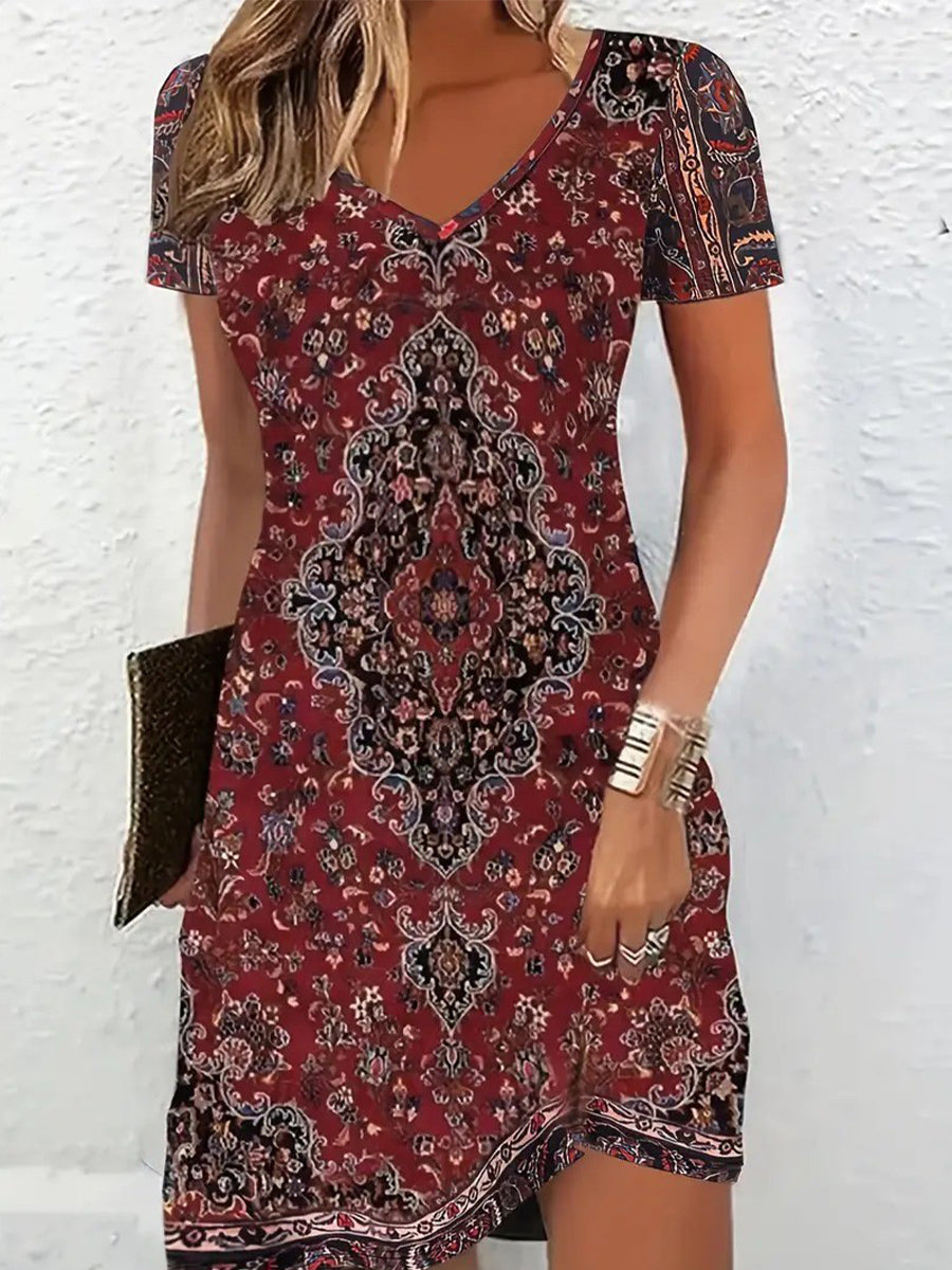 Vintage Floral Printed V-neck Short Sleeve Mini Dress