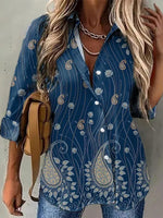 Dark Blue Casual Lapel Long Sleeve Floral Printed Blouse