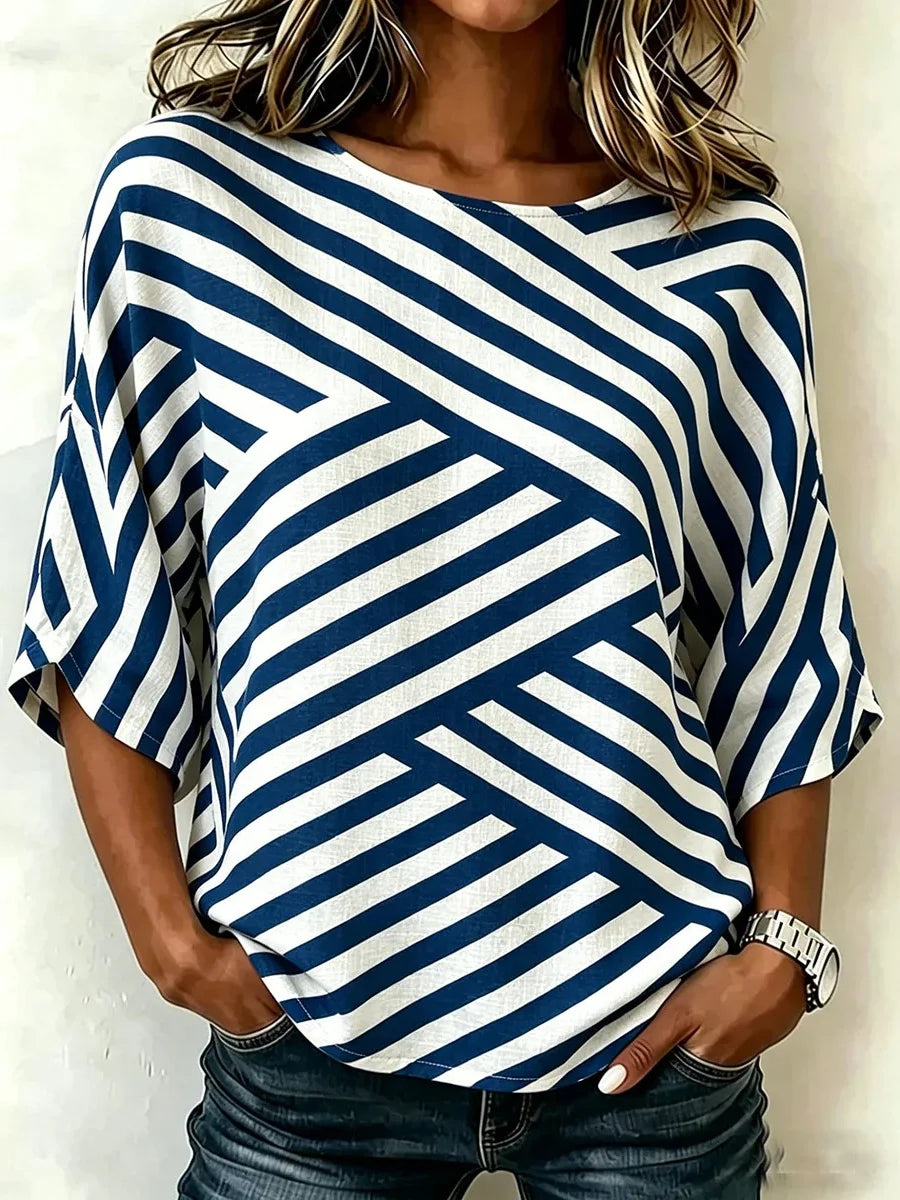Blue Geometric Stripe Round Neck 3/4 Sleeve Casual Top