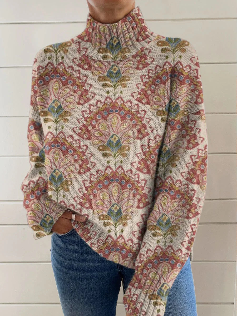 Women's Vintage Ethnic Art Flower Print Long Sleeve Pullover Sweater