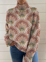 Women's Vintage Ethnic Art Flower Print Long Sleeve Pullover Sweater