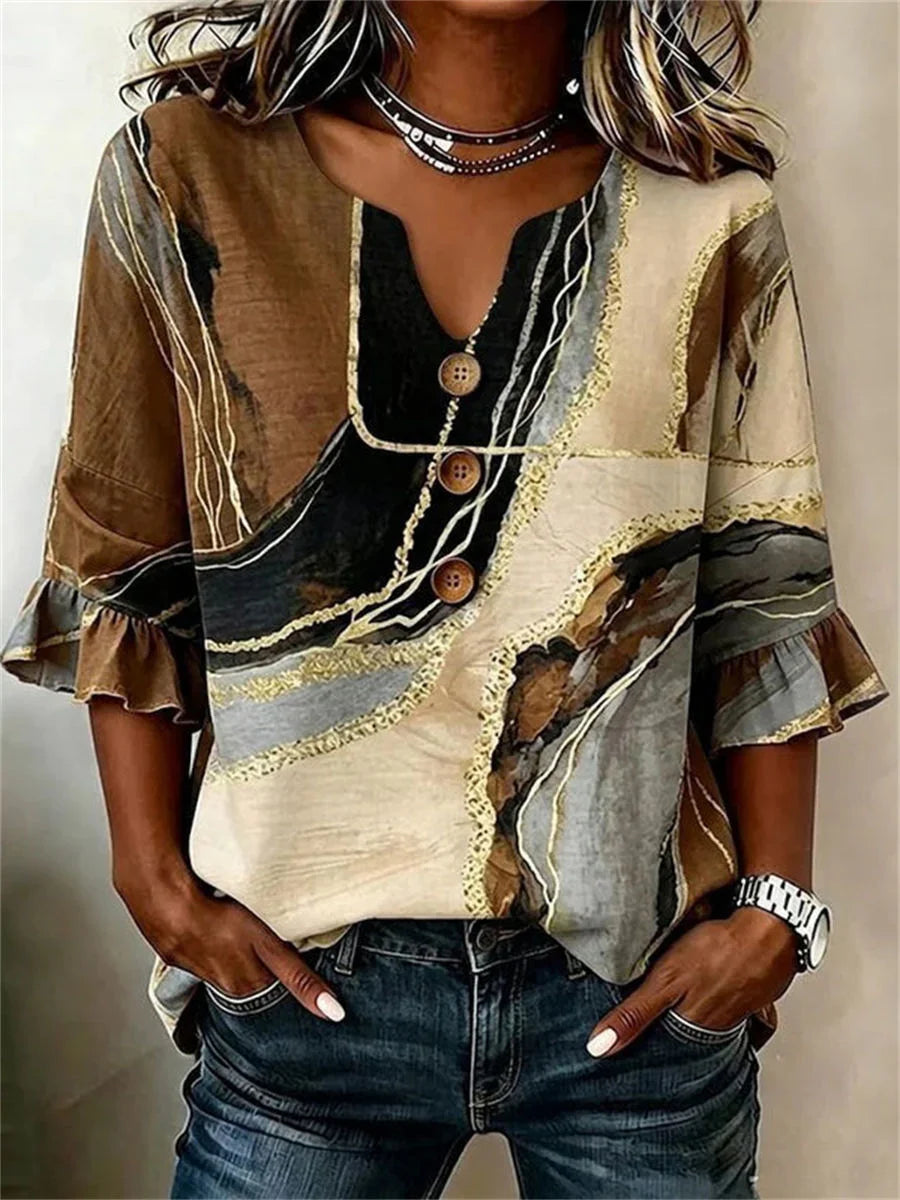 Vintage Gradient V-neck 3/4 Sleeve Blouse