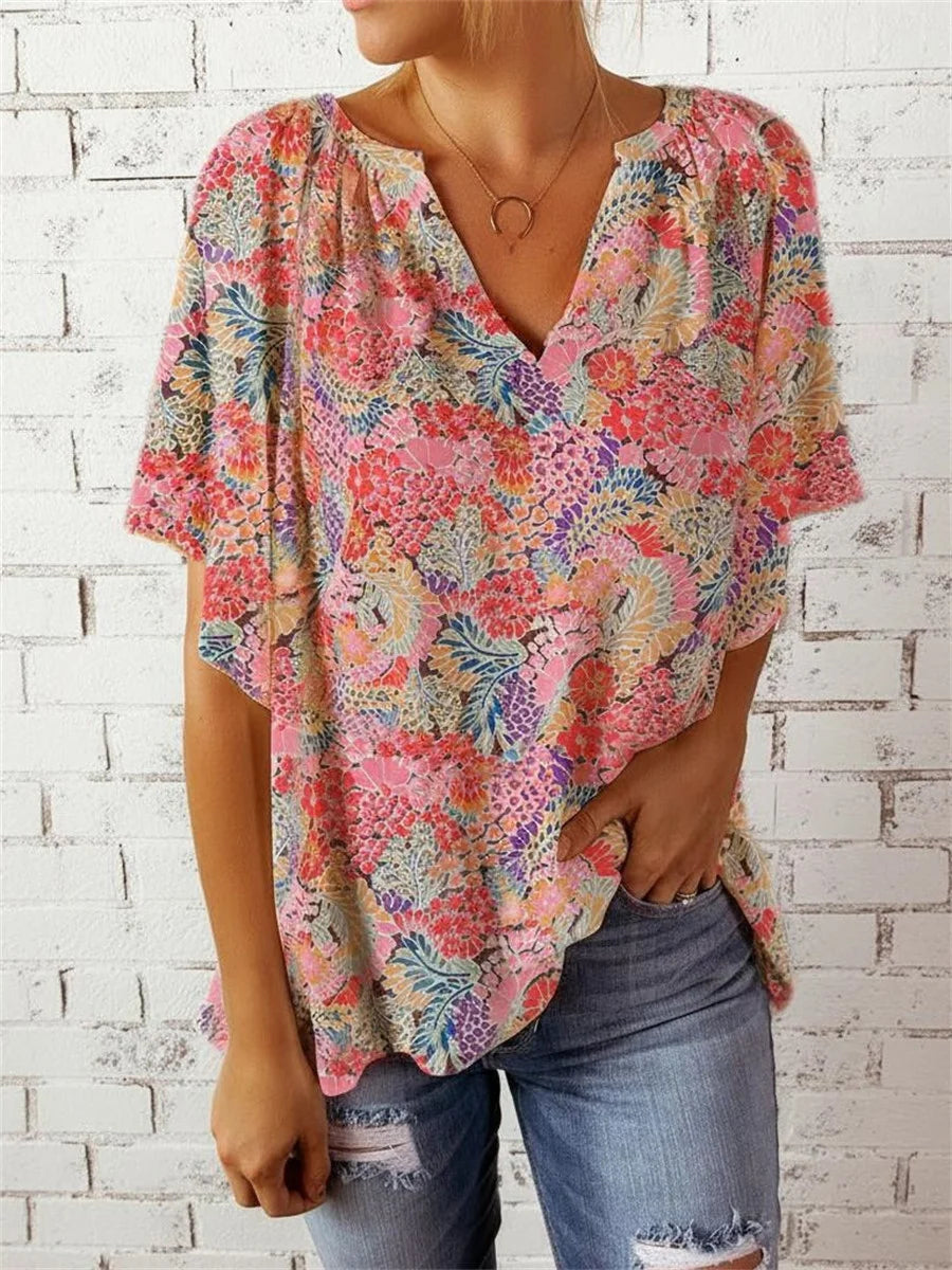 Ditsy Floral V-neck Short Sleeve Blouse