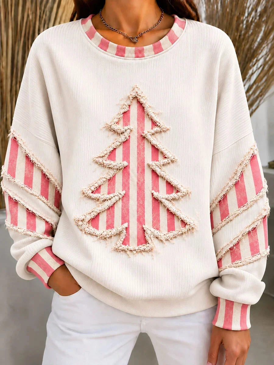 Women's Vintage Christmas Tree Art Ribbed Round Neck Long Sleeve Sweatshirt
