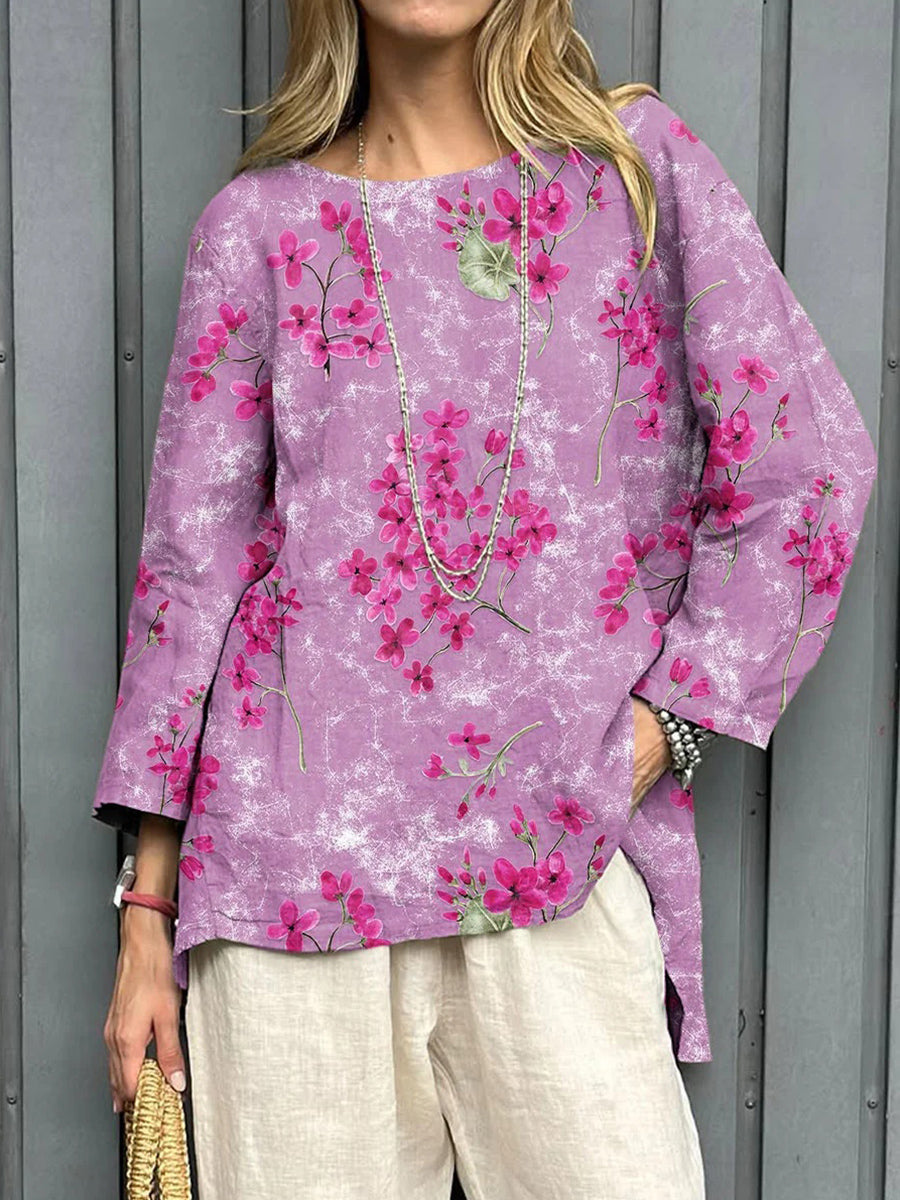 Women's Vintage Floral Art Print Casual Cotton And Linen Shirt
