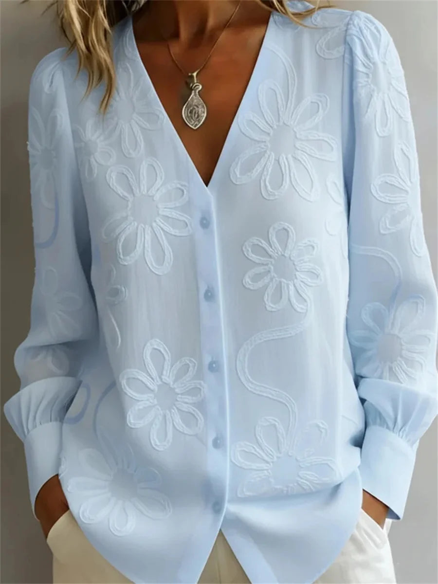 Romantic Floral Printed V-neck Button-up Long Sleeve Shirt