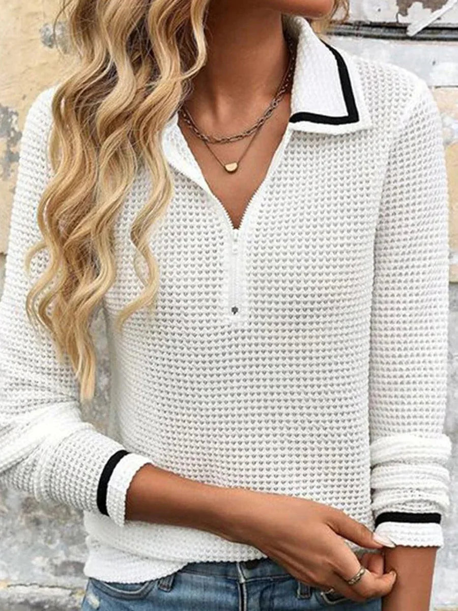 Basic Textured Long Sleeve Polo Top