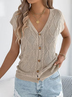 Women's Casual Solid Color Button V-neck Short Sleeve Top