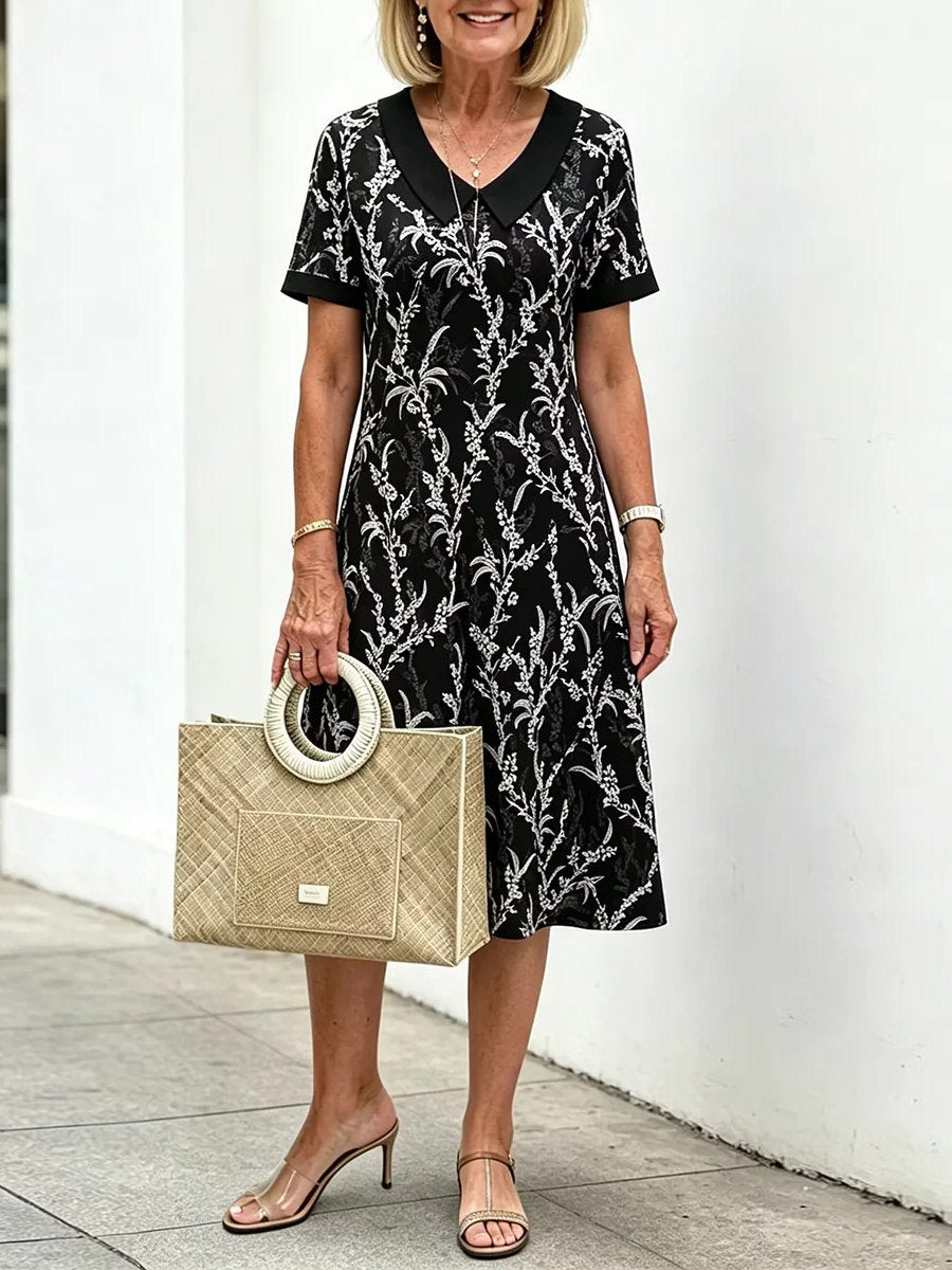 Black Leaf Print Peter Pan Collar Short Sleeve Midi Dress