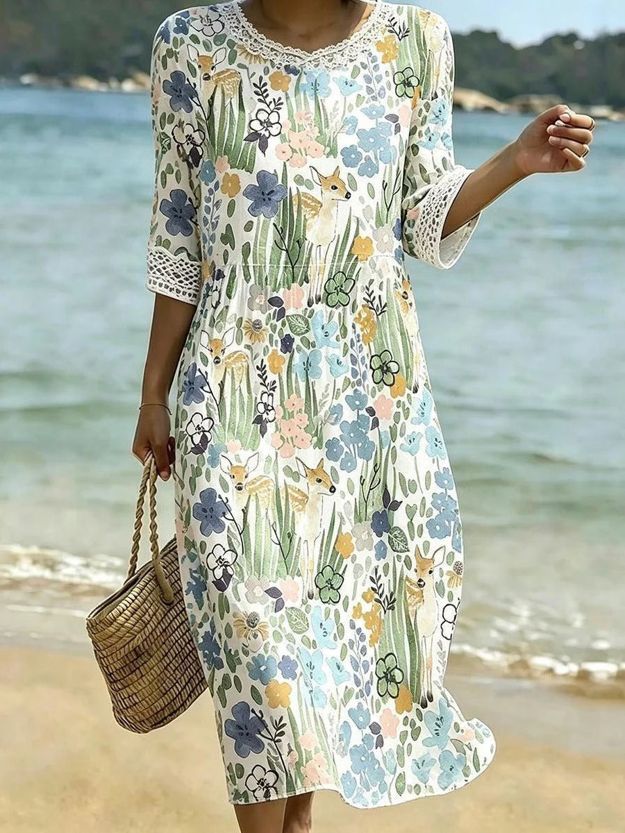 Deer Floral Lace Trim 3/4 Sleeve Tiered Midi Dress