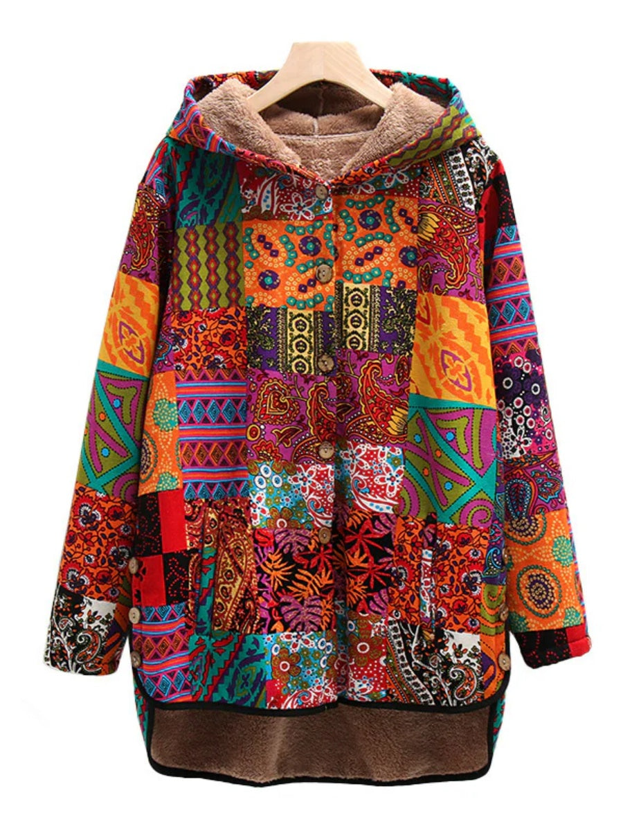 Bohemian Patchwork Button Up Hooded Jacket