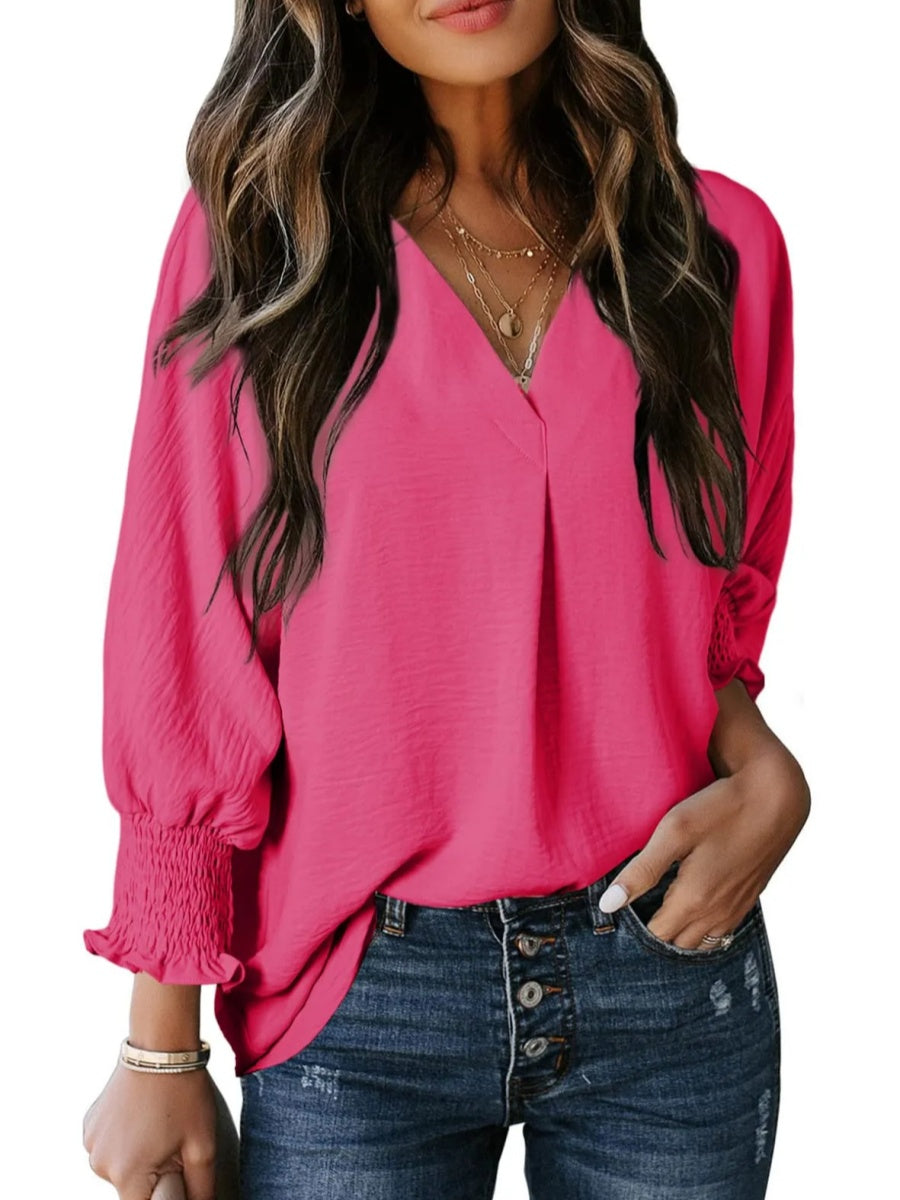 Casual 3/4 Sleeve V Neck Loose Fit Basic Tees